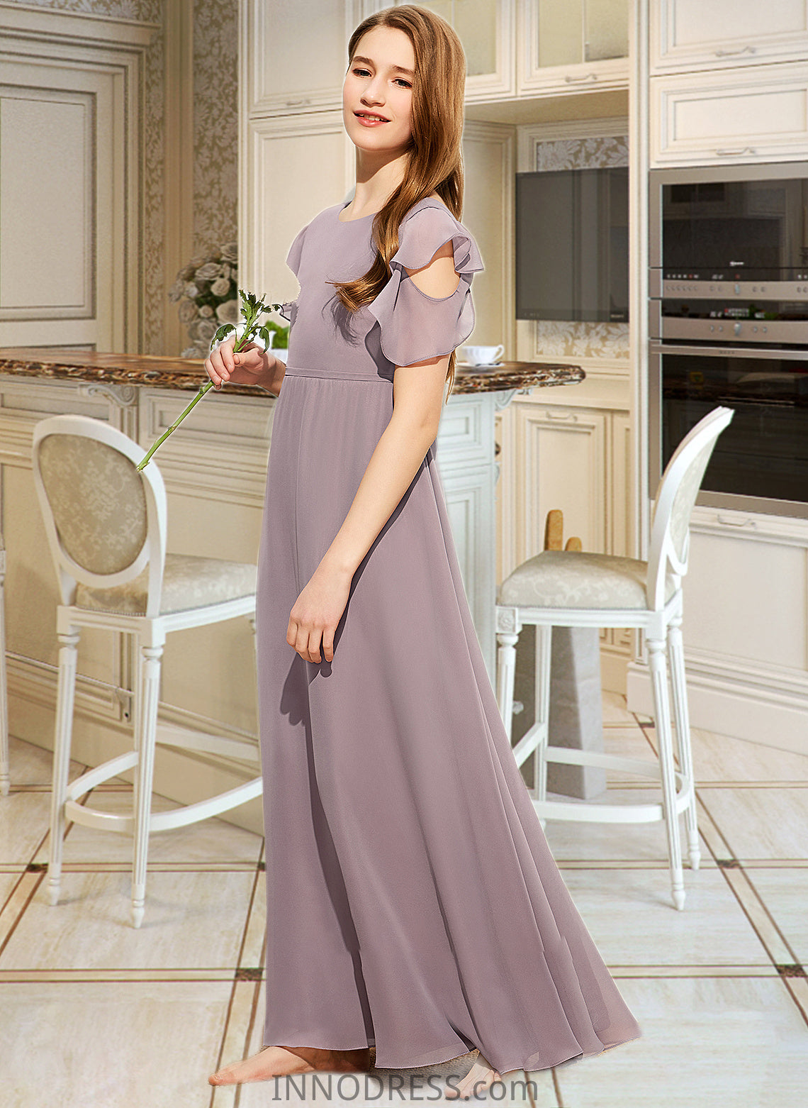 Carlee A-Line Scoop Neck Floor-Length Chiffon Junior Bridesmaid Dress With Cascading Ruffles DPP0013649