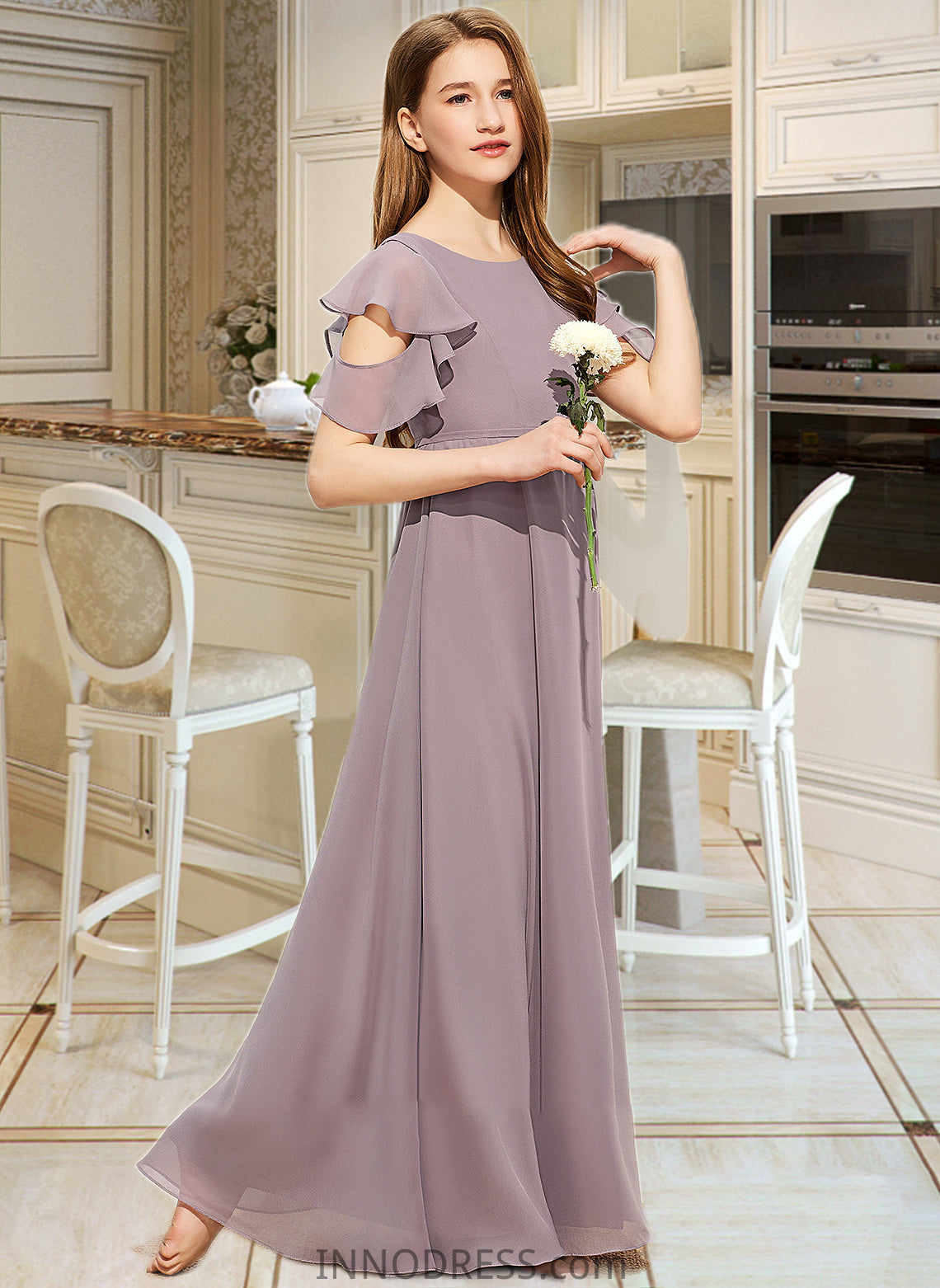 Carlee A-Line Scoop Neck Floor-Length Chiffon Junior Bridesmaid Dress With Cascading Ruffles DPP0013649