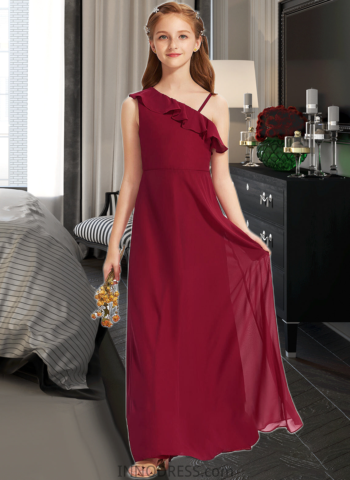 Ginny A-Line One-Shoulder Floor-Length Chiffon Junior Bridesmaid Dress With Ruffles DPP0013650