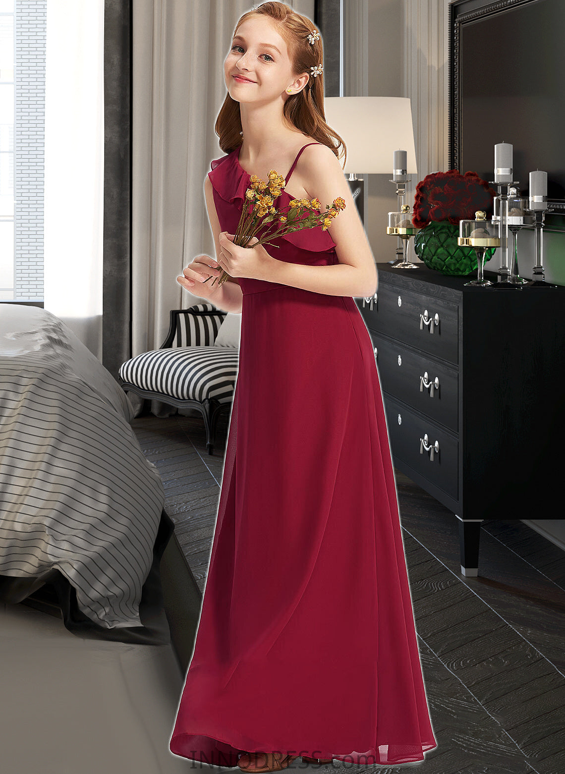 Ginny A-Line One-Shoulder Floor-Length Chiffon Junior Bridesmaid Dress With Ruffles DPP0013650