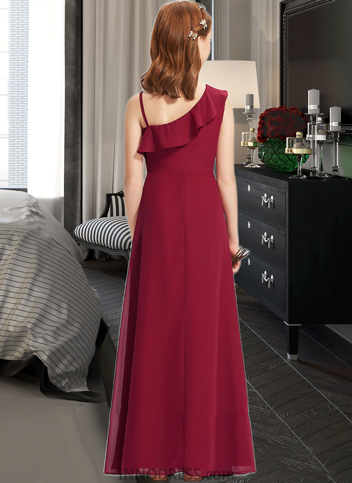 Ginny A-Line One-Shoulder Floor-Length Chiffon Junior Bridesmaid Dress With Ruffles DPP0013650