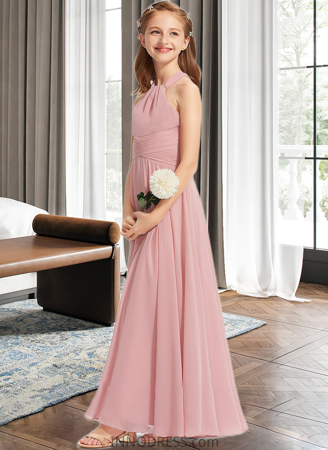 Yaretzi A-Line Square Neckline Floor-Length Chiffon Junior Bridesmaid Dress With Ruffle DPP0013651