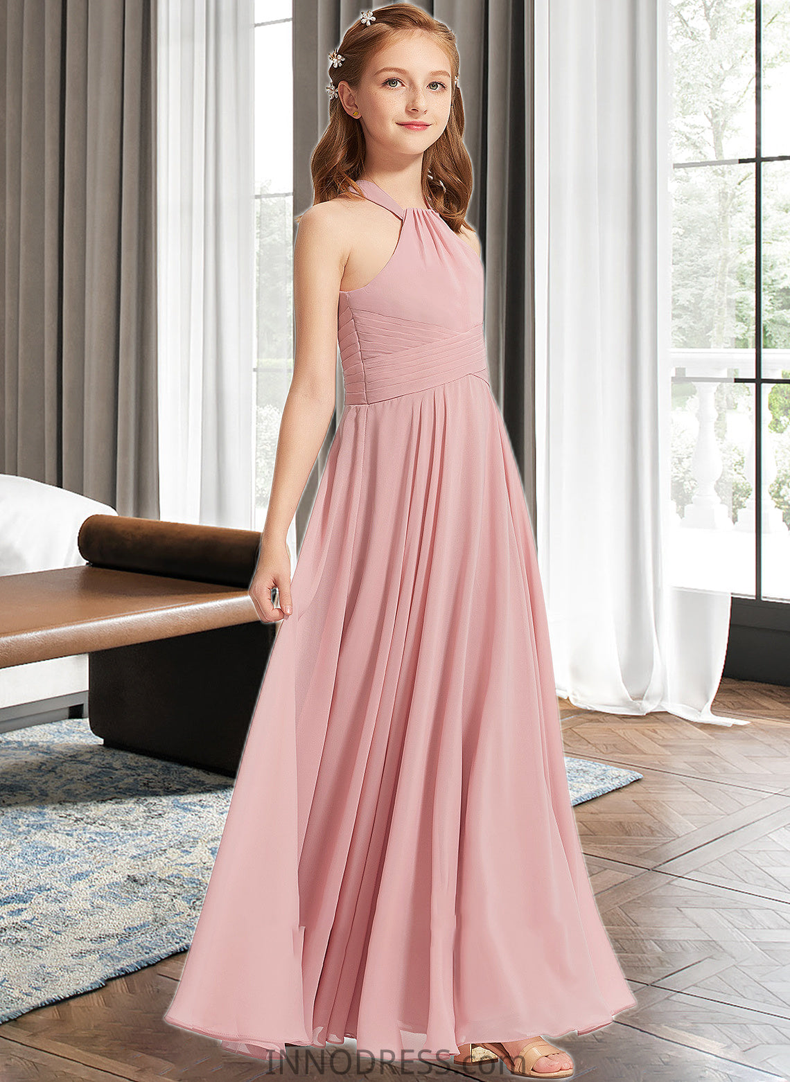 Yaretzi A-Line Square Neckline Floor-Length Chiffon Junior Bridesmaid Dress With Ruffle DPP0013651