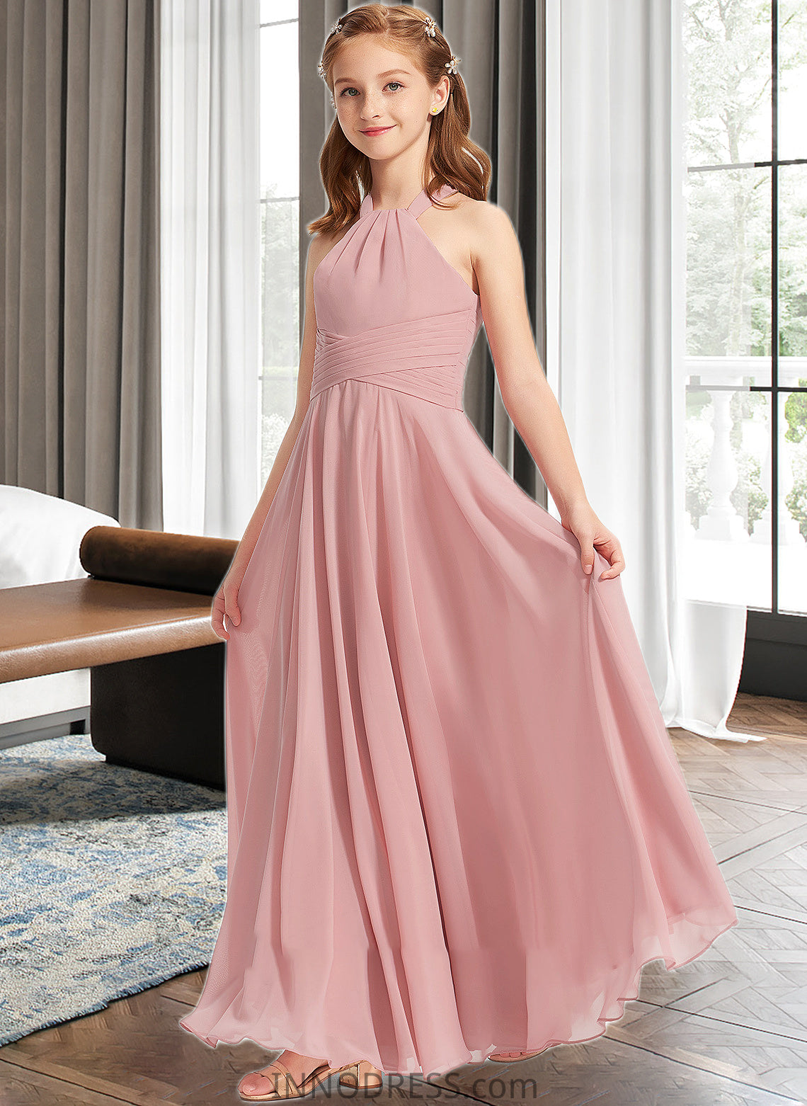 Yaretzi A-Line Square Neckline Floor-Length Chiffon Junior Bridesmaid Dress With Ruffle DPP0013651