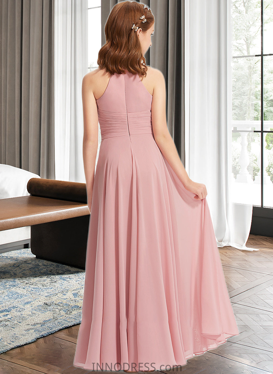 Yaretzi A-Line Square Neckline Floor-Length Chiffon Junior Bridesmaid Dress With Ruffle DPP0013651