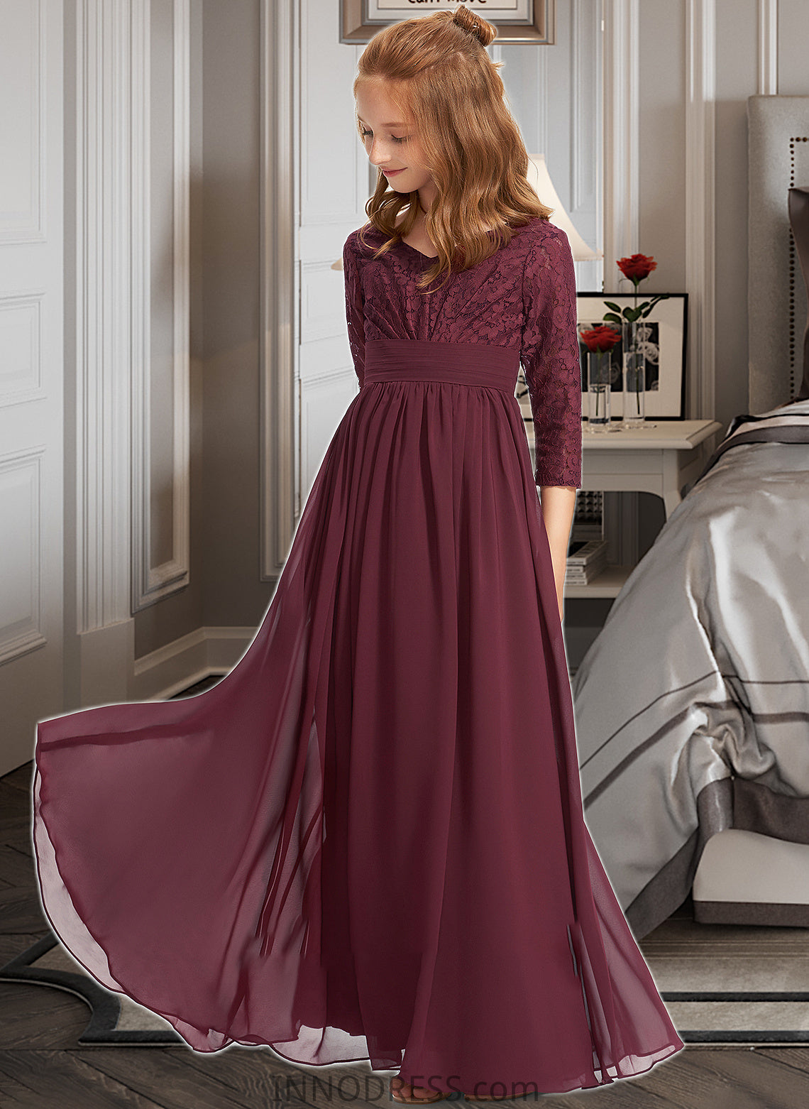 Tanya A-Line V-neck Floor-Length Chiffon Lace Junior Bridesmaid Dress DPP0013652