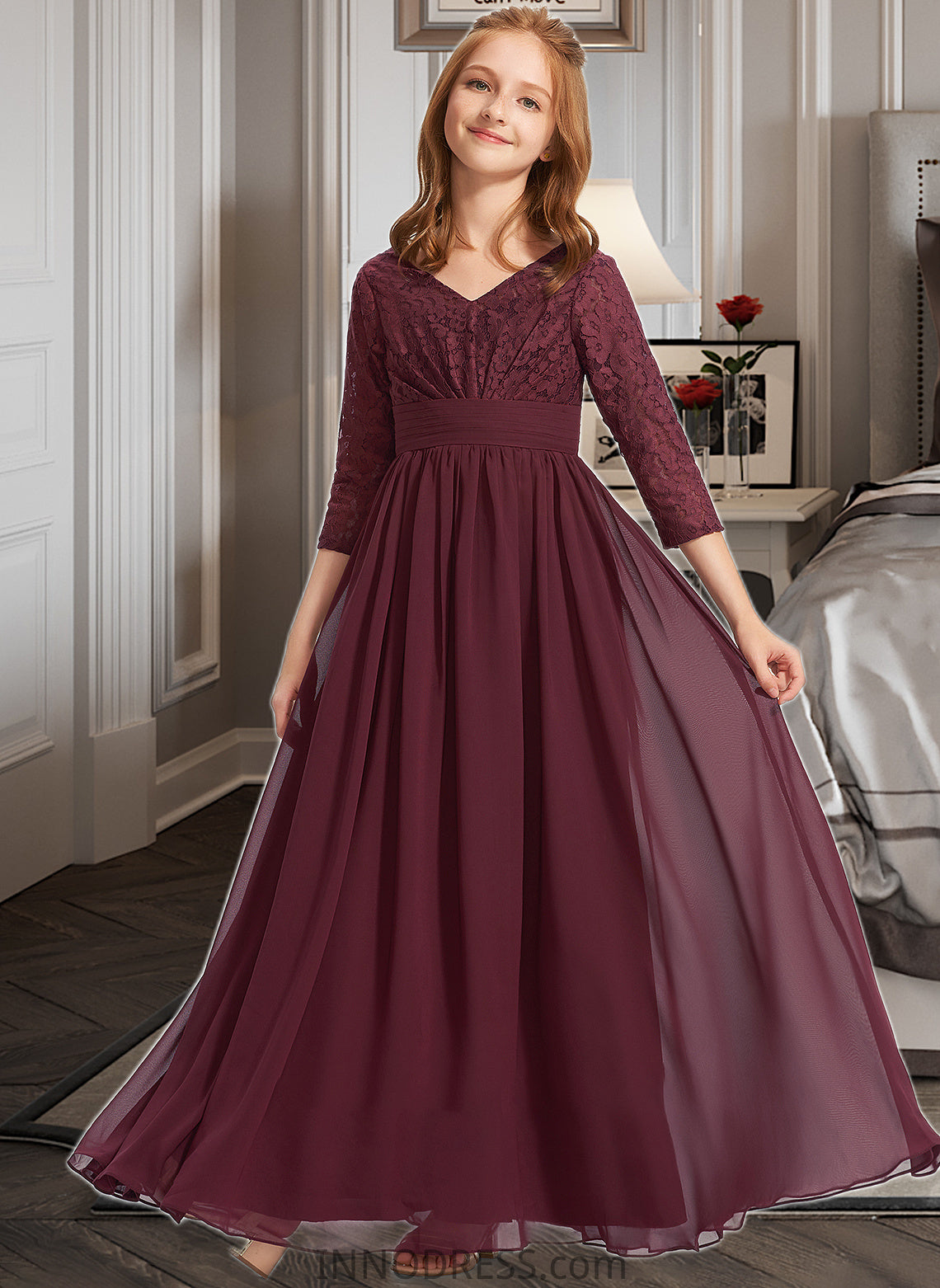 Tanya A-Line V-neck Floor-Length Chiffon Lace Junior Bridesmaid Dress DPP0013652