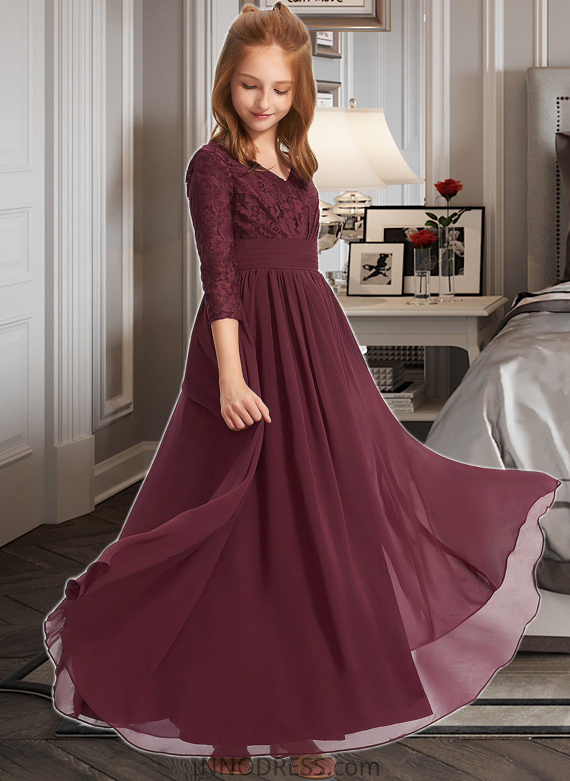 Tanya A-Line V-neck Floor-Length Chiffon Lace Junior Bridesmaid Dress DPP0013652