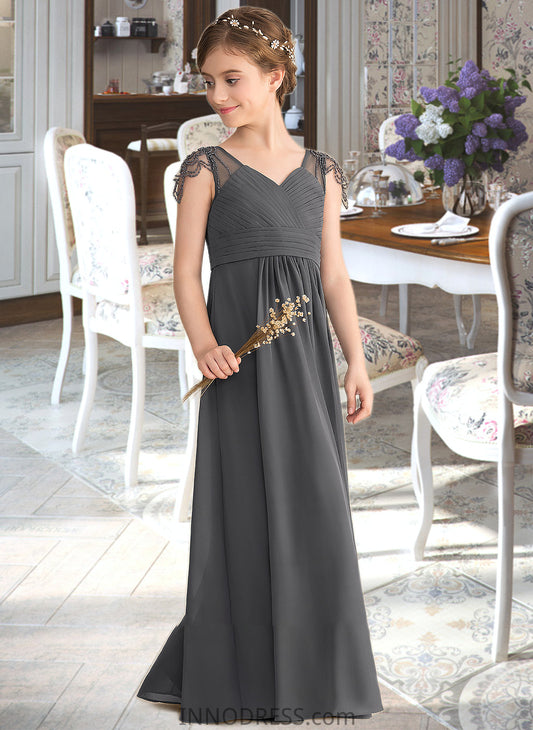 Marianna A-Line V-neck Floor-Length Chiffon Junior Bridesmaid Dress With Ruffle Beading DPP0013653