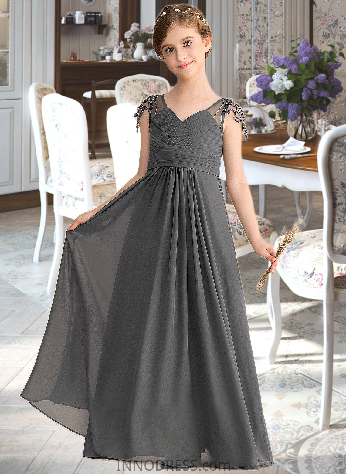 Marianna A-Line V-neck Floor-Length Chiffon Junior Bridesmaid Dress With Ruffle Beading DPP0013653