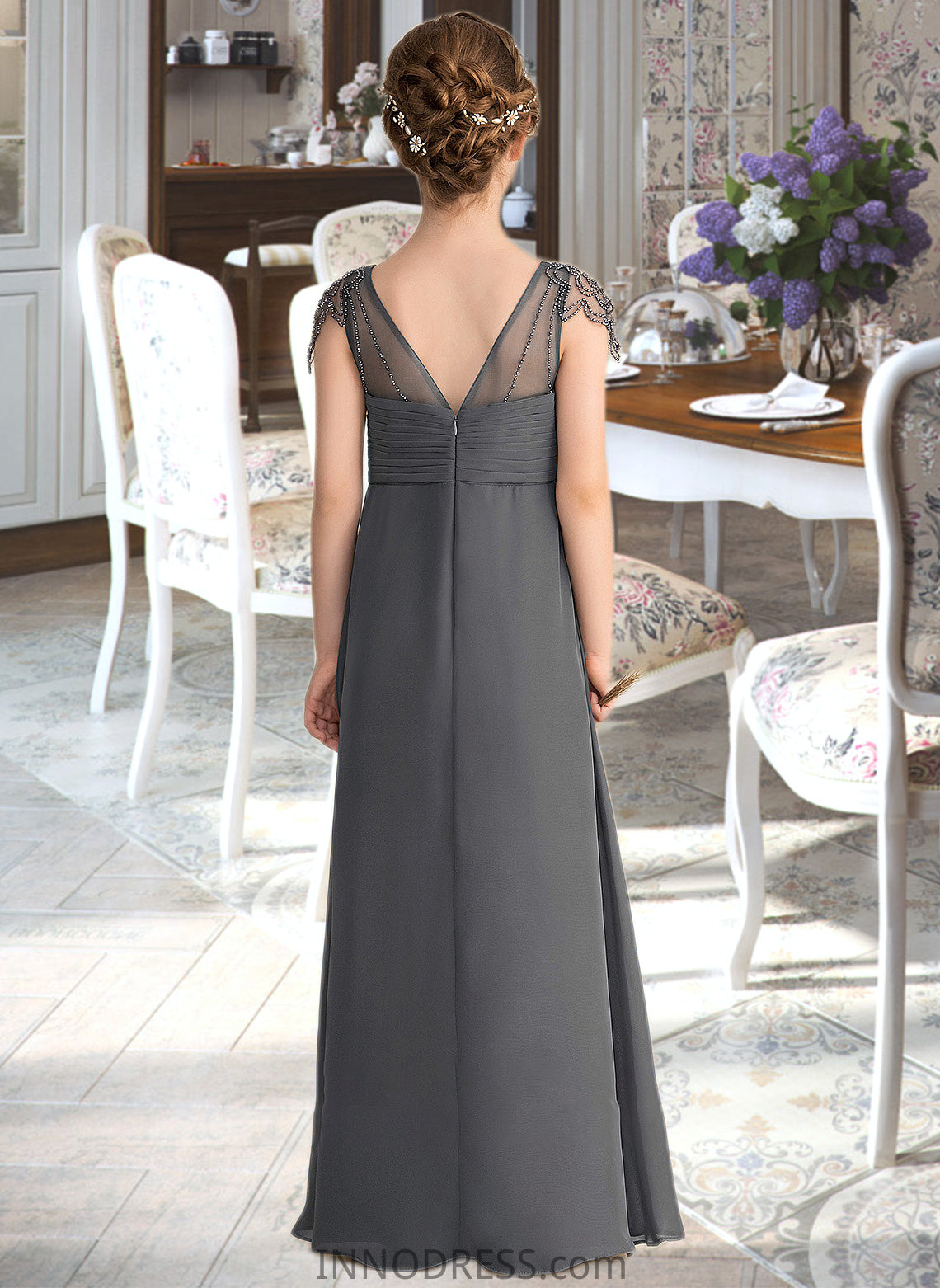 Marianna A-Line V-neck Floor-Length Chiffon Junior Bridesmaid Dress With Ruffle Beading DPP0013653