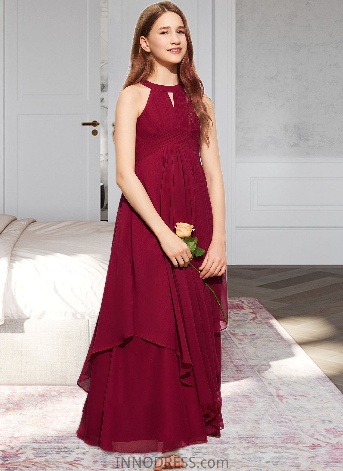 Hadley A-Line Scoop Neck Floor-Length Chiffon Junior Bridesmaid Dress With Ruffle DPP0013654