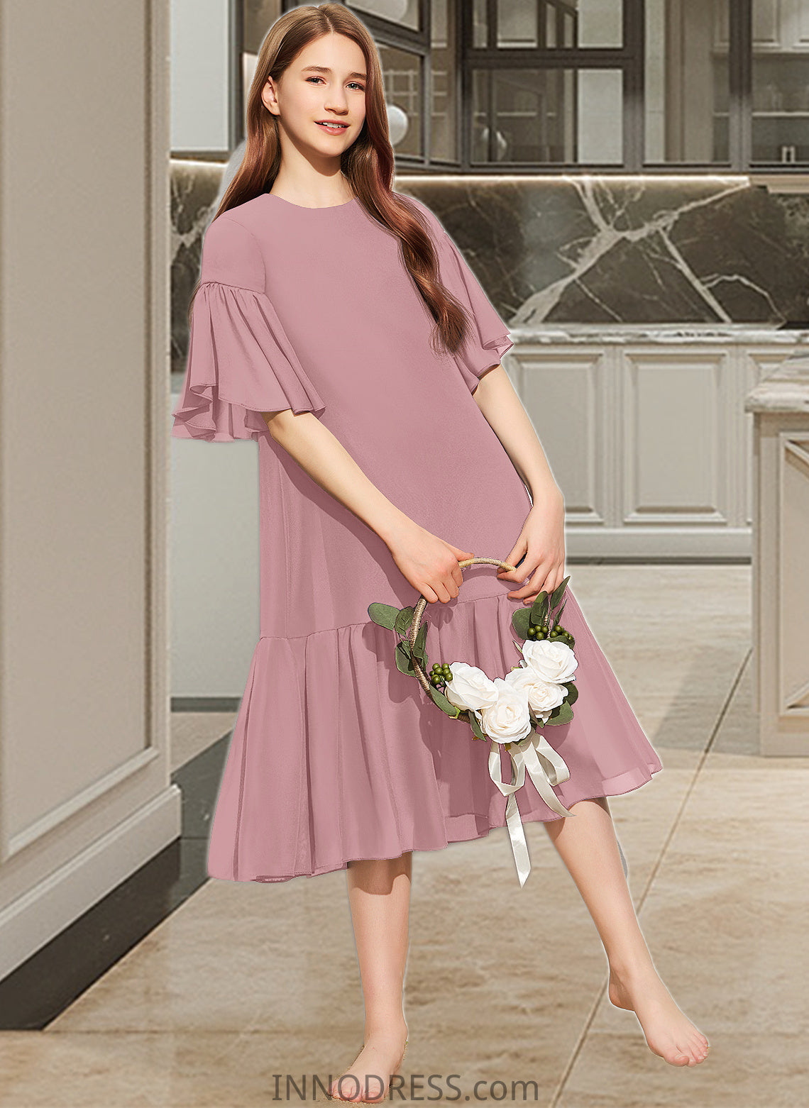 Jimena A-Line Scoop Neck Knee-Length Chiffon Junior Bridesmaid Dress With Cascading Ruffles DPP0013656