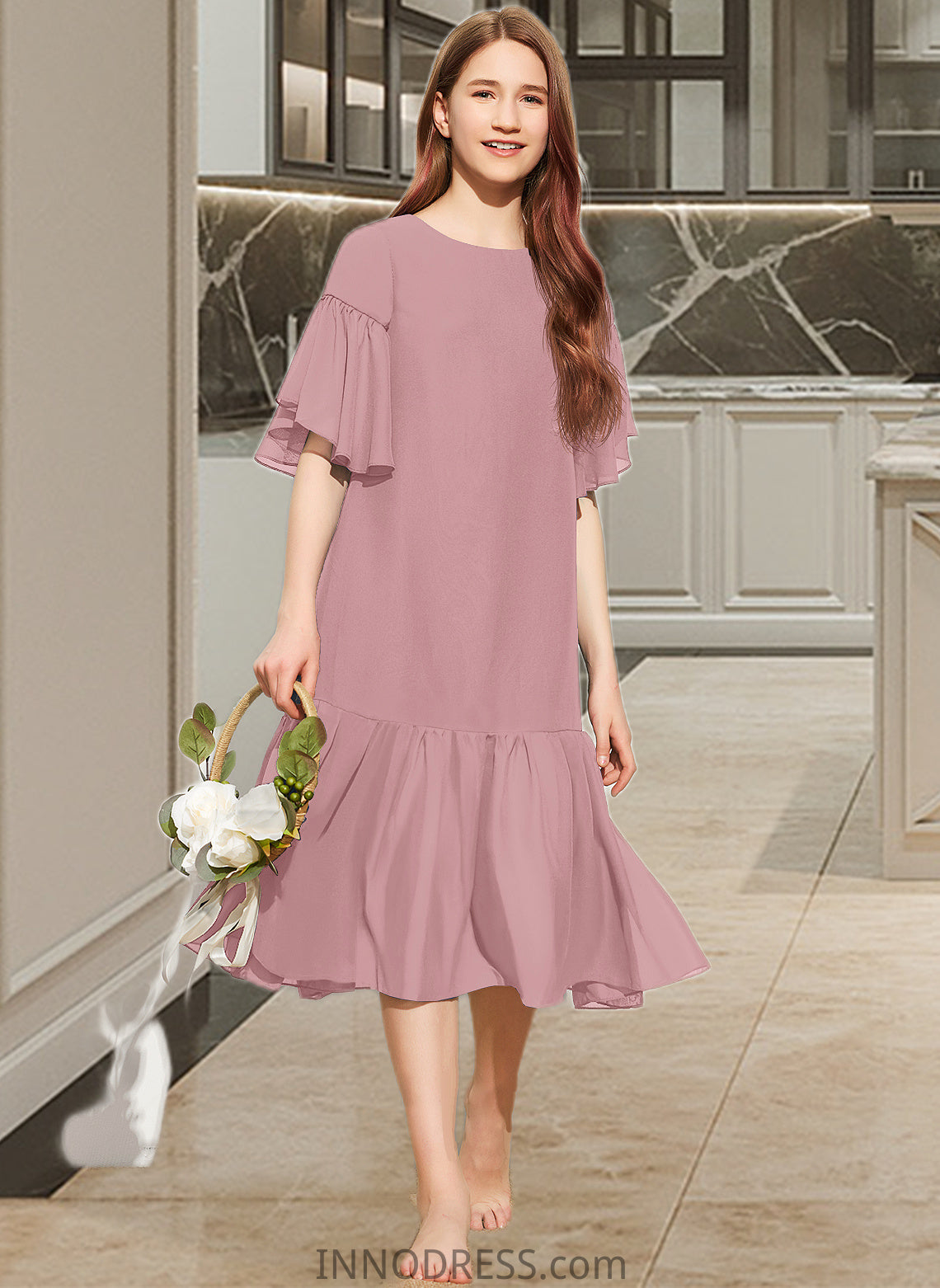 Jimena A-Line Scoop Neck Knee-Length Chiffon Junior Bridesmaid Dress With Cascading Ruffles DPP0013656