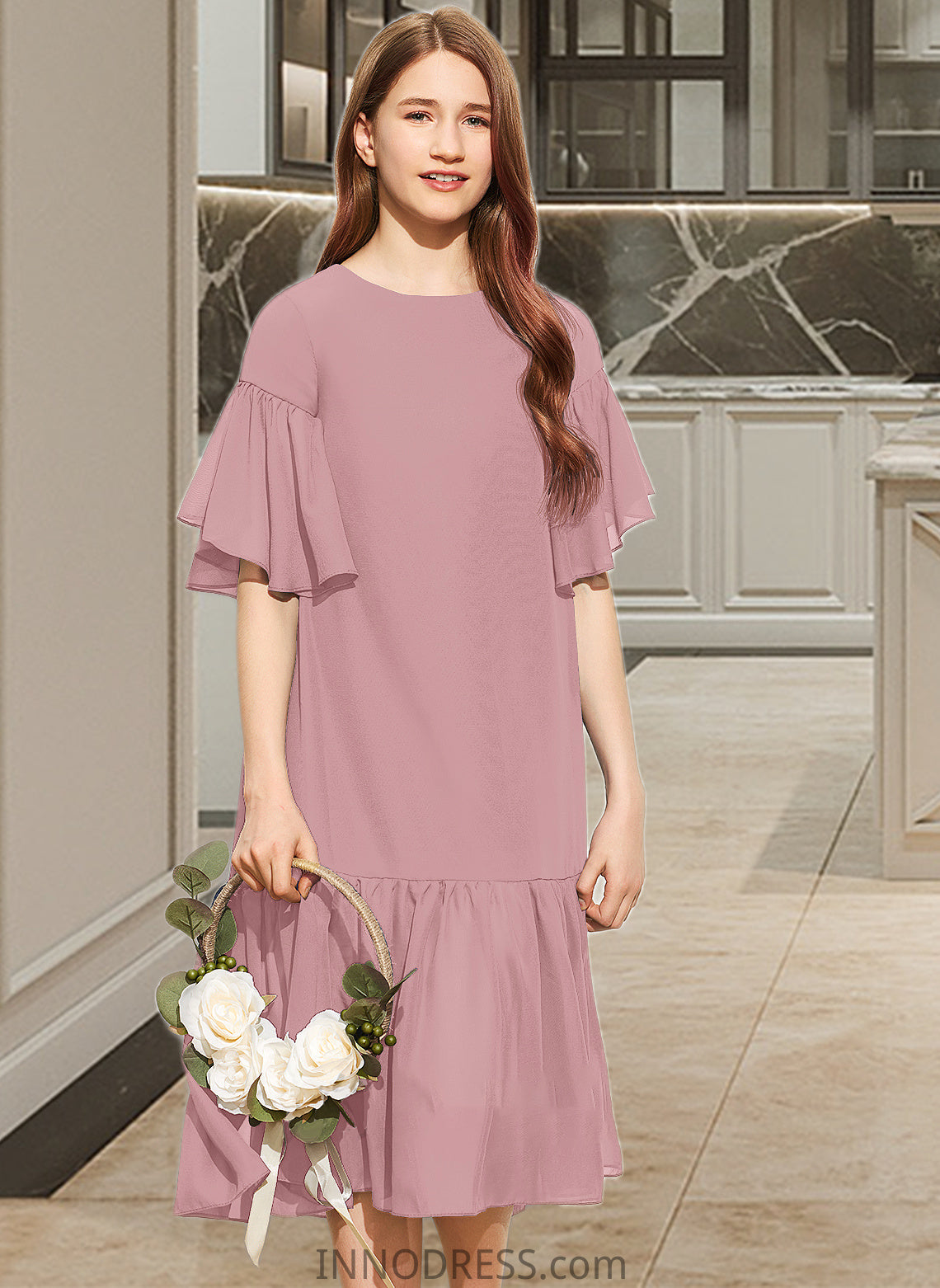 Jimena A-Line Scoop Neck Knee-Length Chiffon Junior Bridesmaid Dress With Cascading Ruffles DPP0013656