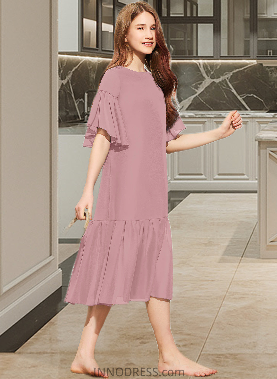 Jimena A-Line Scoop Neck Knee-Length Chiffon Junior Bridesmaid Dress With Cascading Ruffles DPP0013656