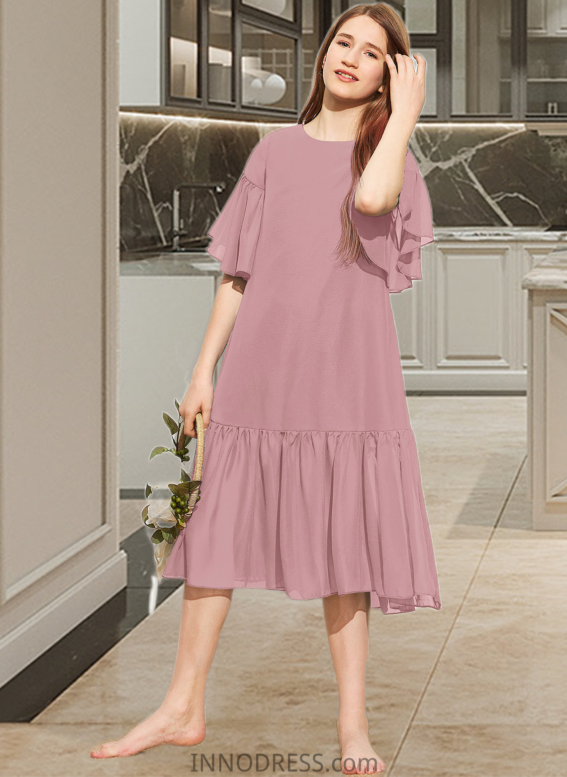 Jimena A-Line Scoop Neck Knee-Length Chiffon Junior Bridesmaid Dress With Cascading Ruffles DPP0013656