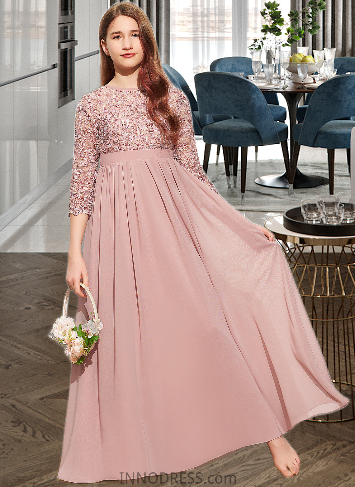 Mikayla A-Line Scoop Neck Floor-Length Chiffon Lace Junior Bridesmaid Dress DPP0013657