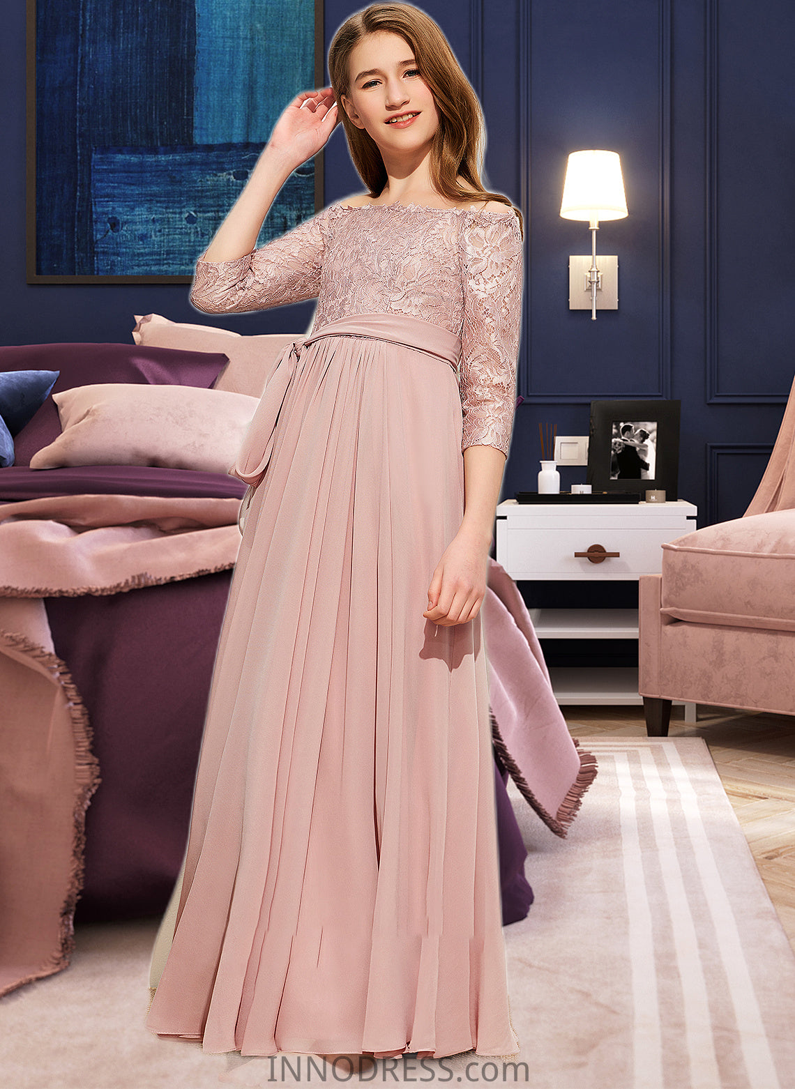 Makayla A-Line Off-the-Shoulder Floor-Length Chiffon Lace Junior Bridesmaid Dress With Bow(s) DPP0013658