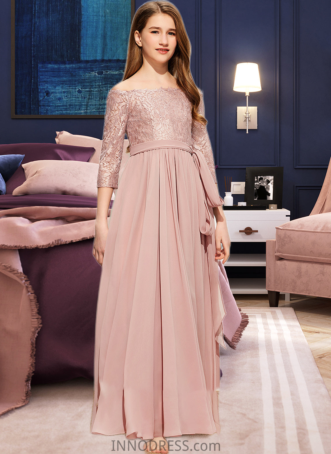 Makayla A-Line Off-the-Shoulder Floor-Length Chiffon Lace Junior Bridesmaid Dress With Bow(s) DPP0013658