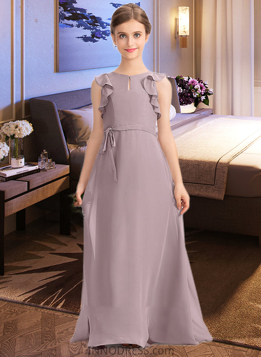 Charlize A-Line Scoop Neck Floor-Length Chiffon Junior Bridesmaid Dress With Bow(s) Cascading Ruffles DPP0013659