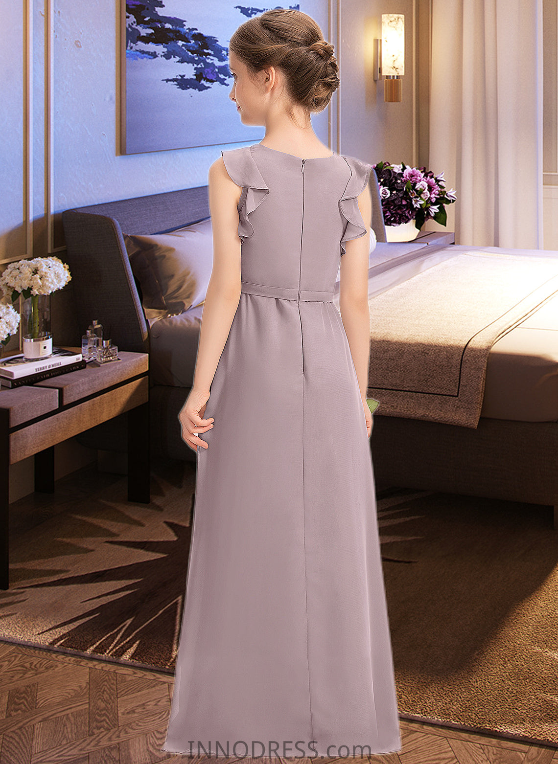 Charlize A-Line Scoop Neck Floor-Length Chiffon Junior Bridesmaid Dress With Bow(s) Cascading Ruffles DPP0013659