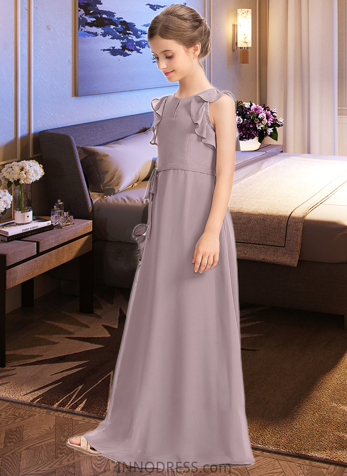 Charlize A-Line Scoop Neck Floor-Length Chiffon Junior Bridesmaid Dress With Bow(s) Cascading Ruffles DPP0013659