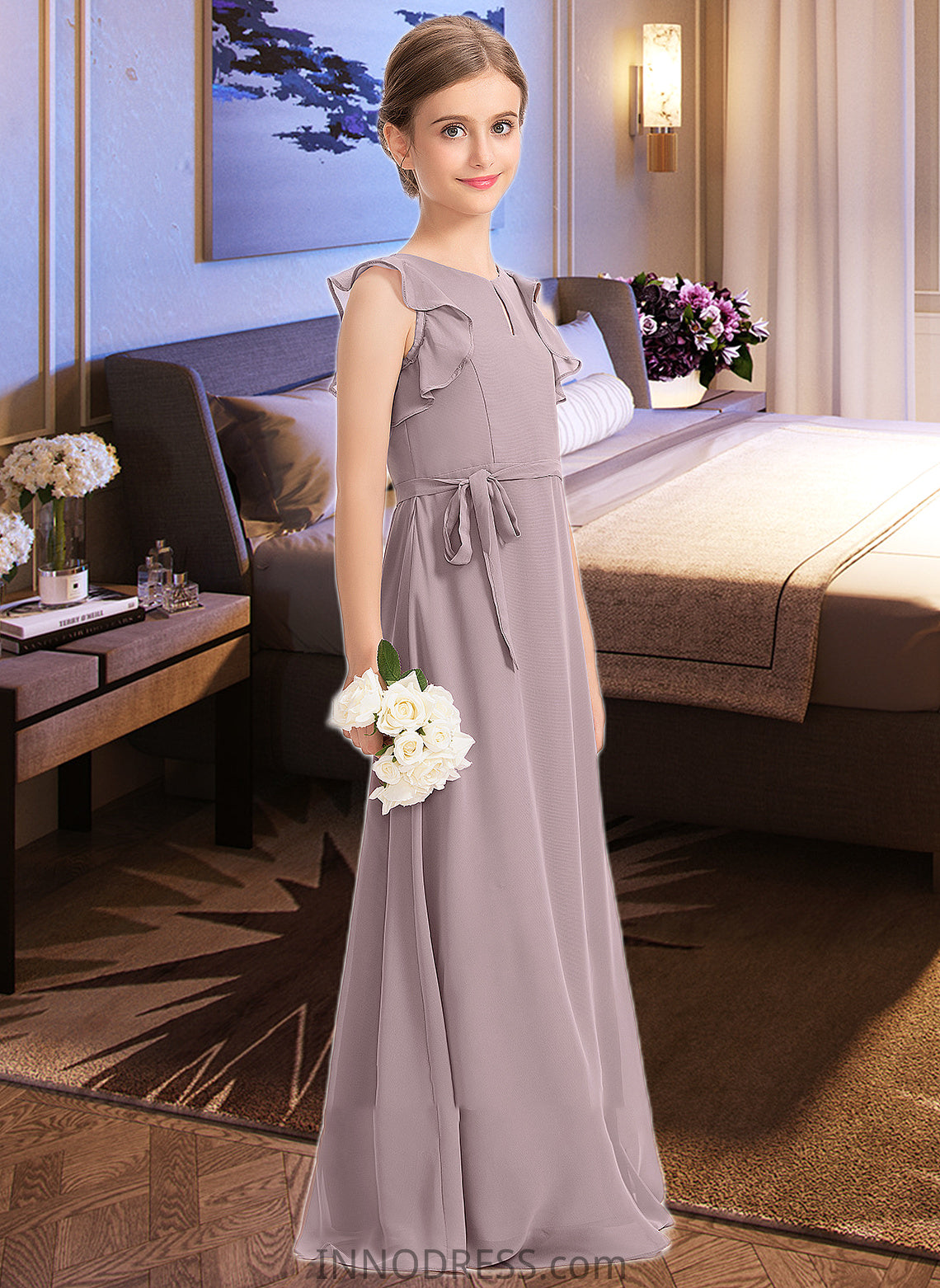 Charlize A-Line Scoop Neck Floor-Length Chiffon Junior Bridesmaid Dress With Bow(s) Cascading Ruffles DPP0013659