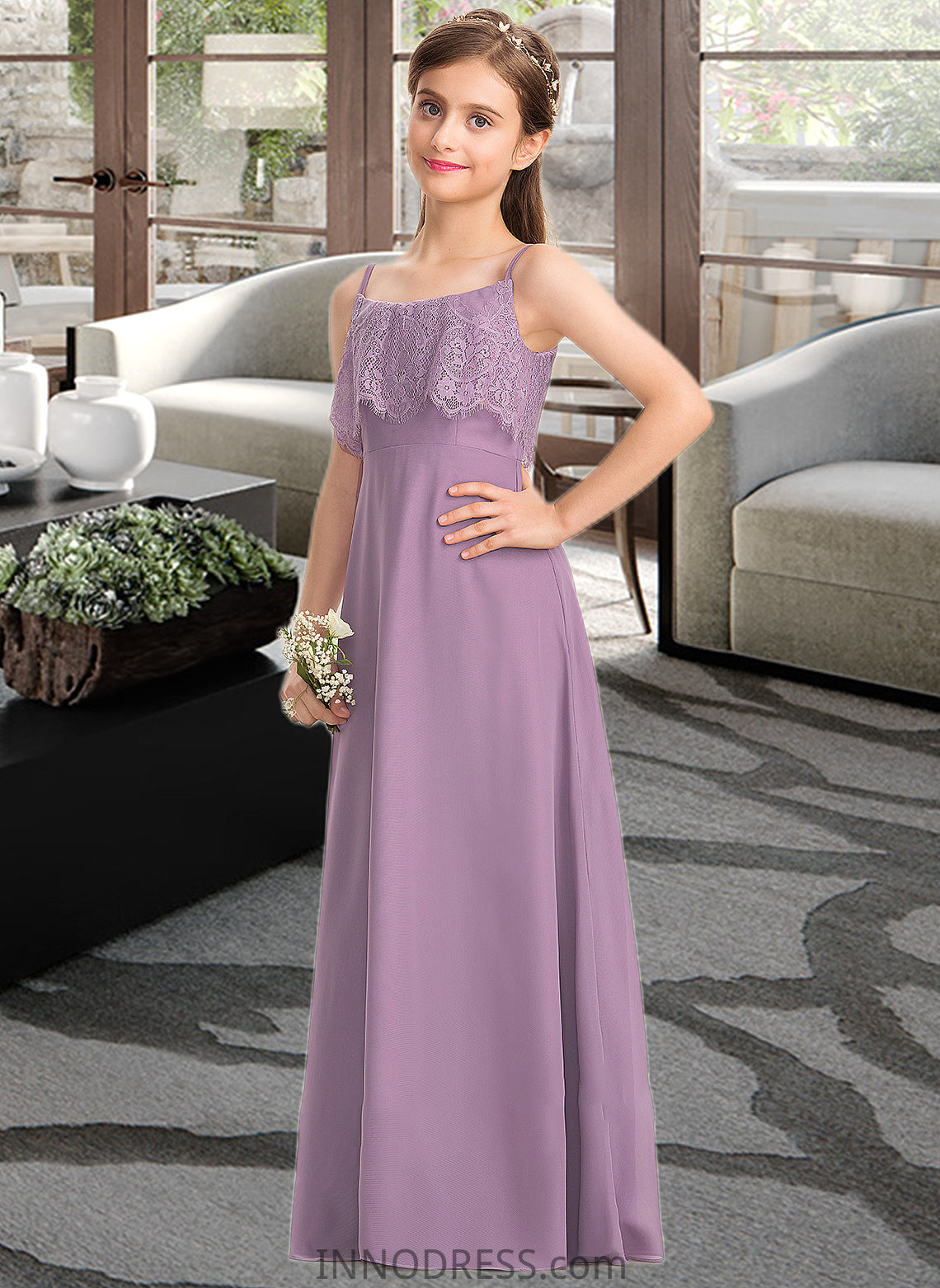 Nayeli A-Line Square Neckline Floor-Length Chiffon Lace Junior Bridesmaid Dress DPP0013660