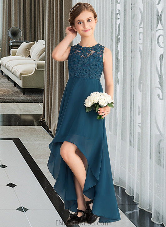 Amiya A-Line Scoop Neck Asymmetrical Chiffon Lace Junior Bridesmaid Dress DPP0013661