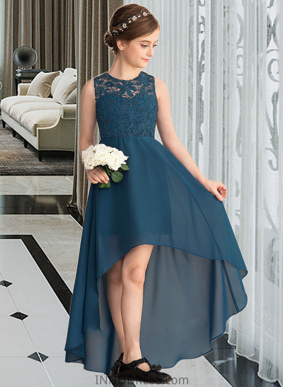 Amiya A-Line Scoop Neck Asymmetrical Chiffon Lace Junior Bridesmaid Dress DPP0013661