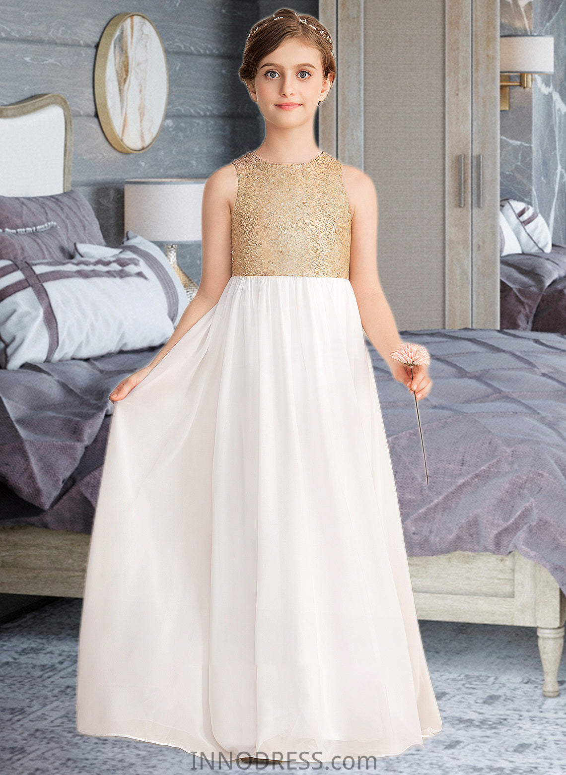 Kaleigh A-Line Scoop Neck Floor-Length Chiffon Sequined Junior Bridesmaid Dress DPP0013662