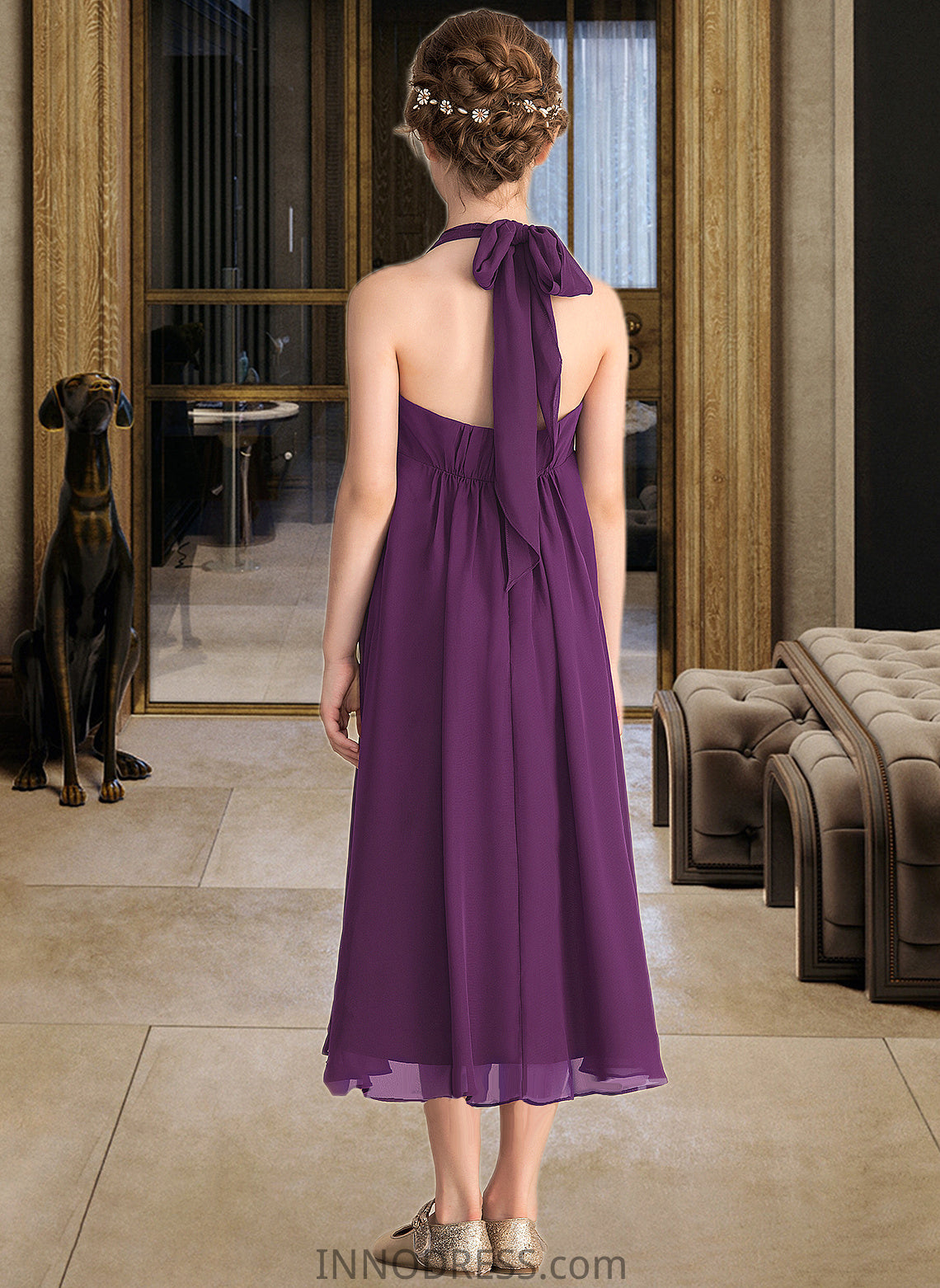 Marian Empire Halter Asymmetrical Chiffon Junior Bridesmaid Dress With Beading Bow(s) DPP0013663