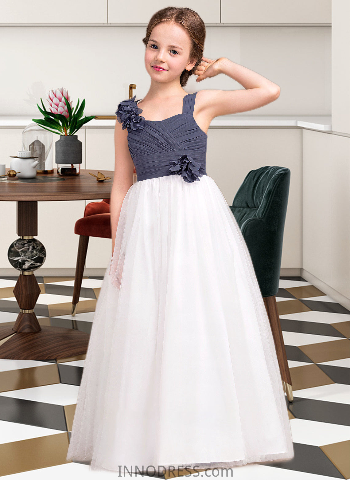 Livia A-Line Sweetheart Floor-Length Chiffon Tulle Junior Bridesmaid Dress With Ruffle Flower(s) DPP0013665