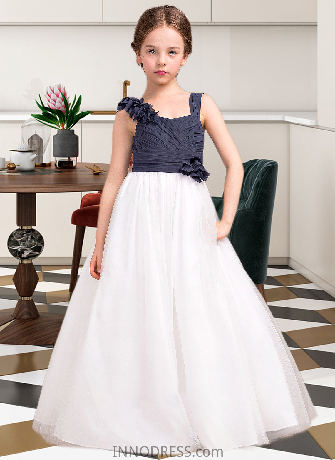 Livia A-Line Sweetheart Floor-Length Chiffon Tulle Junior Bridesmaid Dress With Ruffle Flower(s) DPP0013665