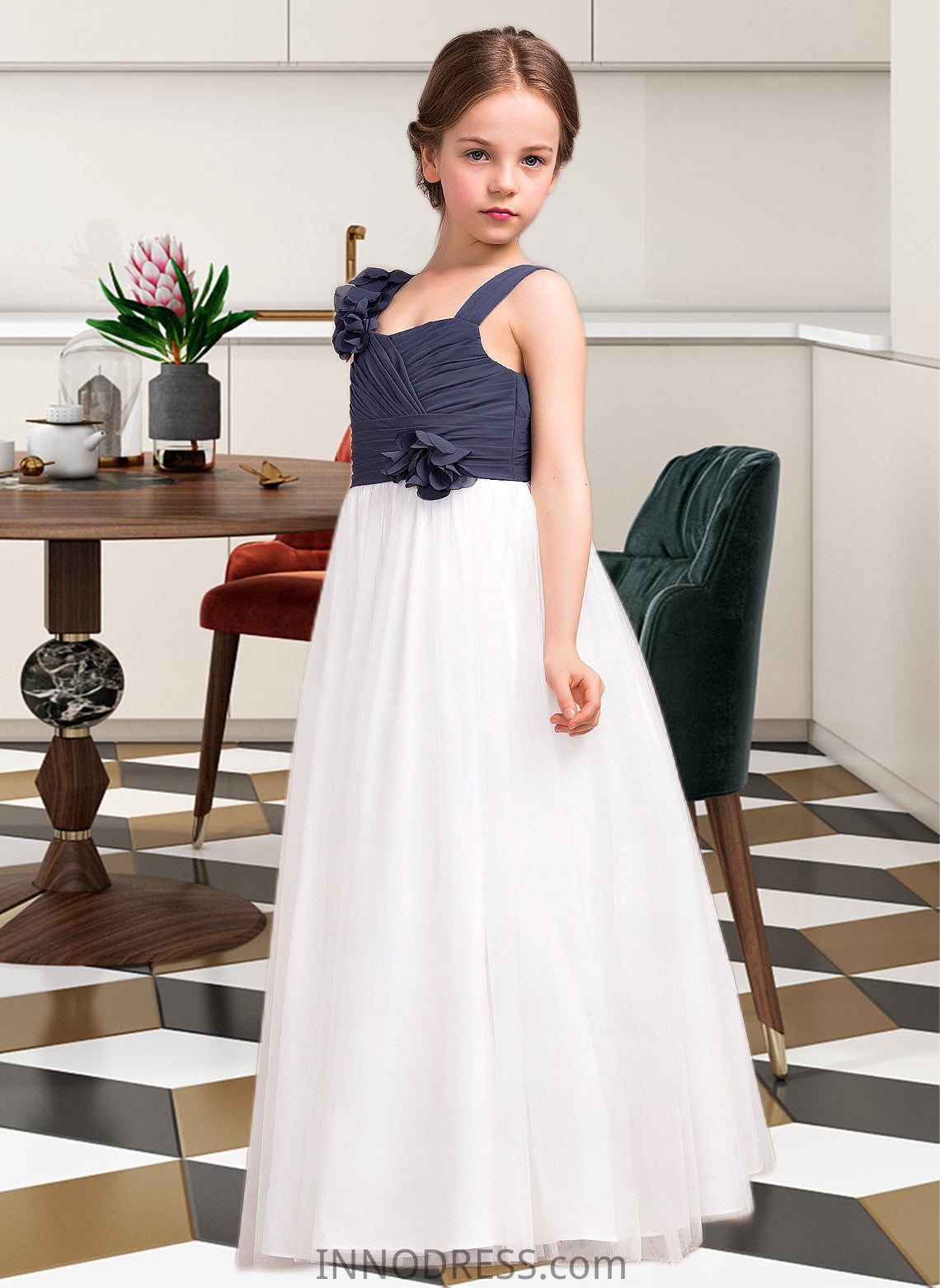 Livia A-Line Sweetheart Floor-Length Chiffon Tulle Junior Bridesmaid Dress With Ruffle Flower(s) DPP0013665