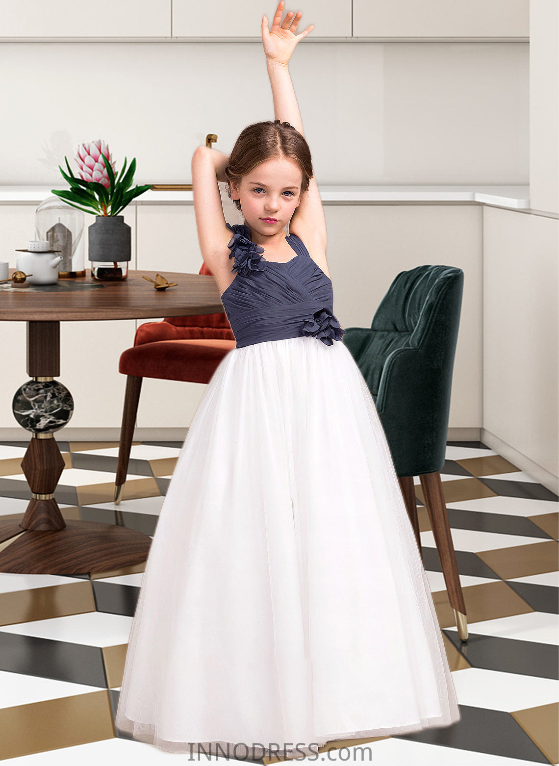 Livia A-Line Sweetheart Floor-Length Chiffon Tulle Junior Bridesmaid Dress With Ruffle Flower(s) DPP0013665