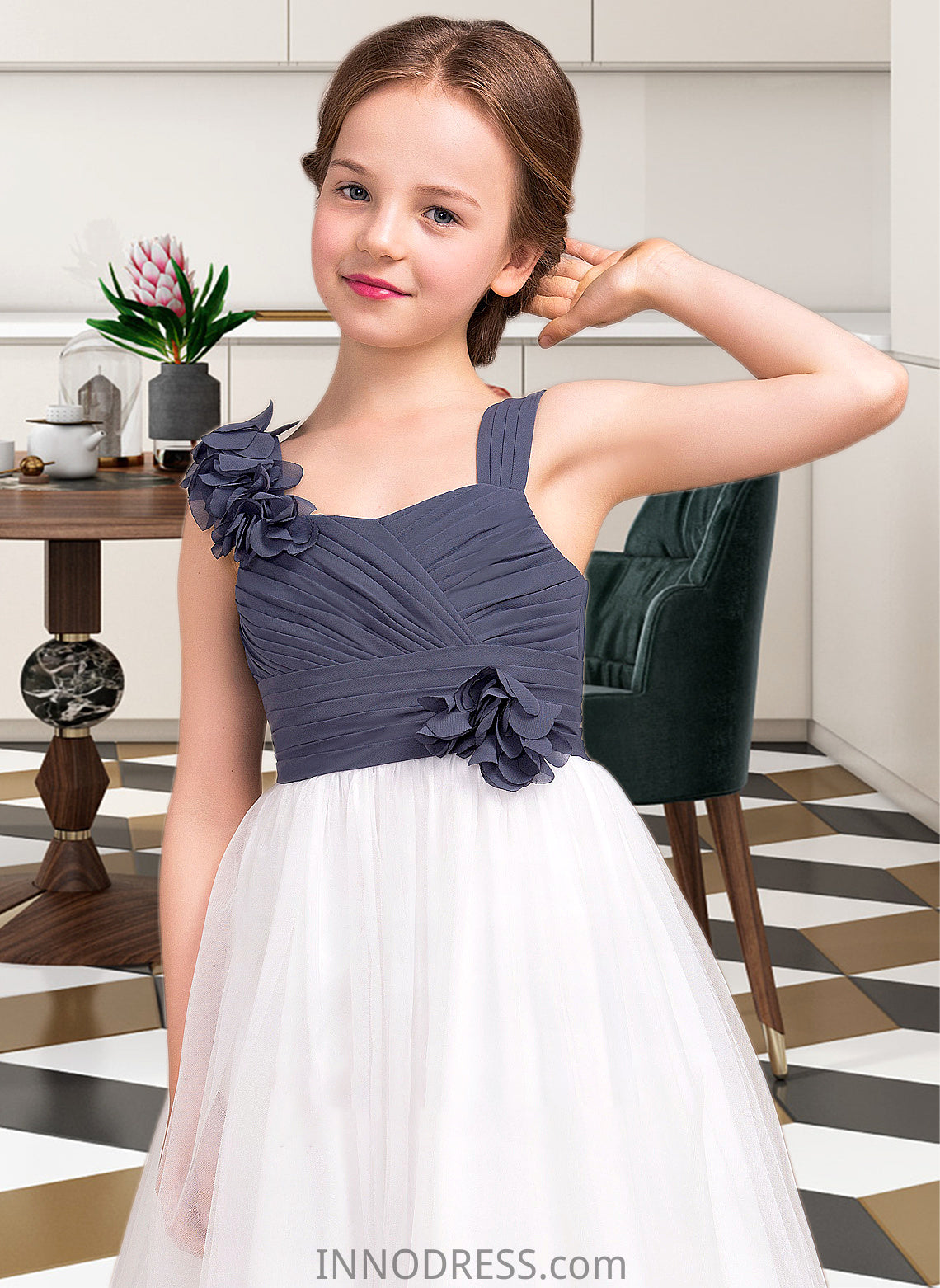 Livia A-Line Sweetheart Floor-Length Chiffon Tulle Junior Bridesmaid Dress With Ruffle Flower(s) DPP0013665