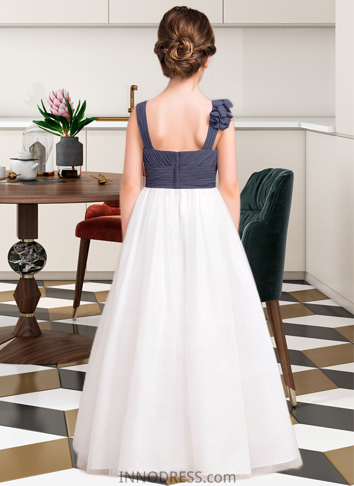 Livia A-Line Sweetheart Floor-Length Chiffon Tulle Junior Bridesmaid Dress With Ruffle Flower(s) DPP0013665