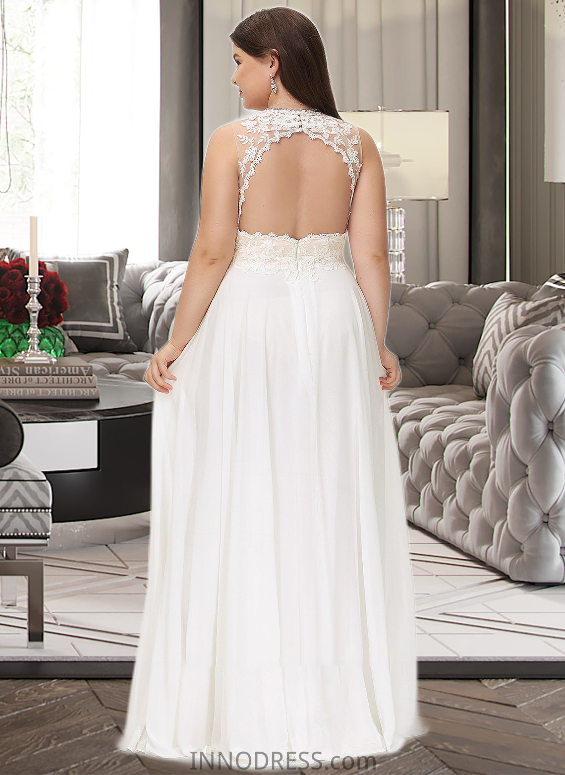 Joanne A-Line V-neck Sweep Train Chiffon Lace Wedding Dress With Lace DPP0013677