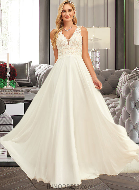 Joanne A-Line V-neck Sweep Train Chiffon Lace Wedding Dress With Lace DPP0013677