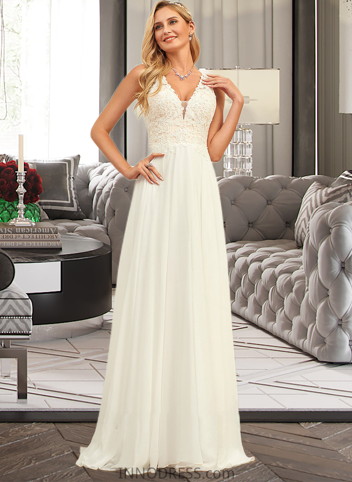 Joanne A-Line V-neck Sweep Train Chiffon Lace Wedding Dress With Lace DPP0013677