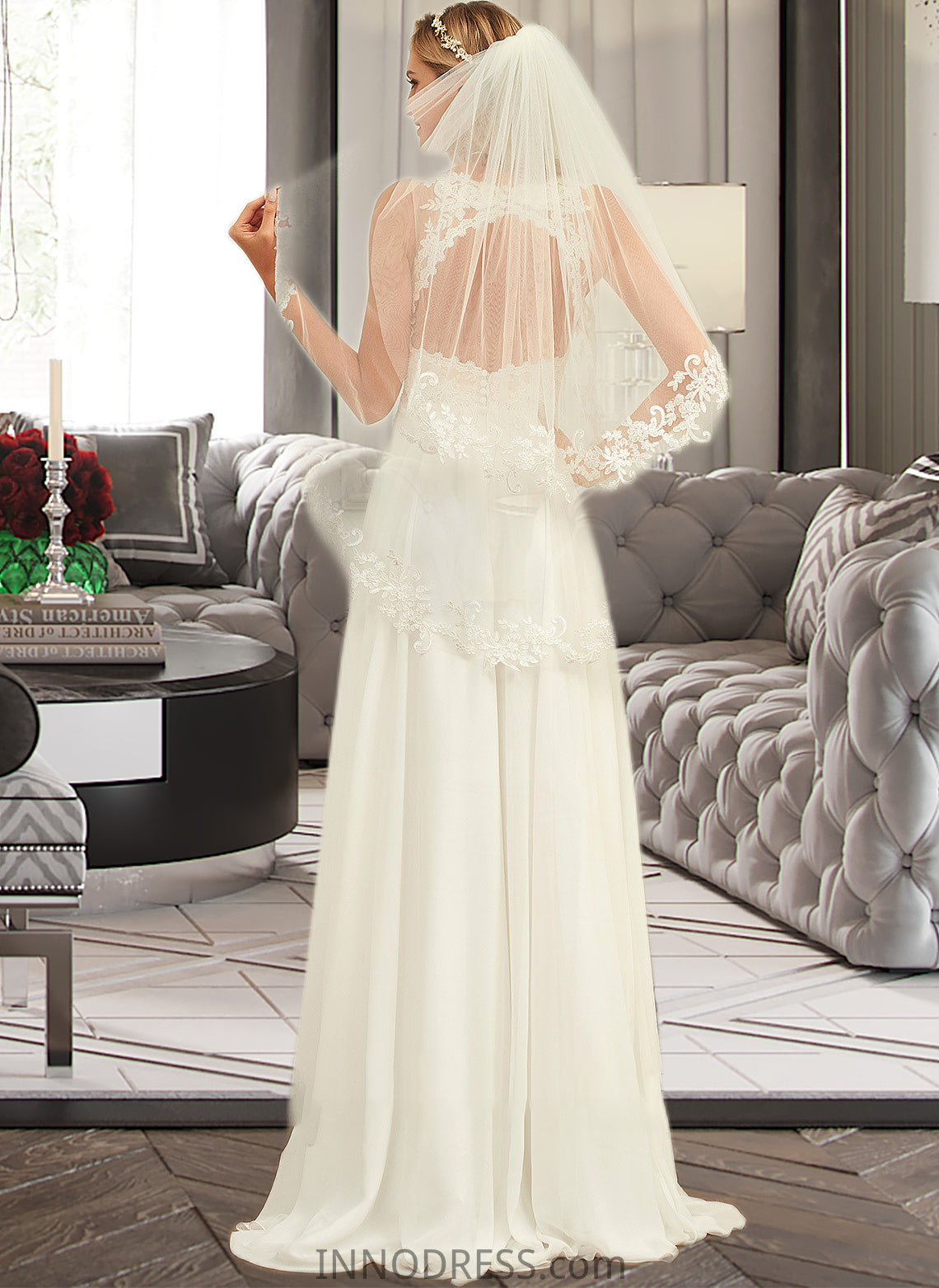 Joanne A-Line V-neck Sweep Train Chiffon Lace Wedding Dress With Lace DPP0013677