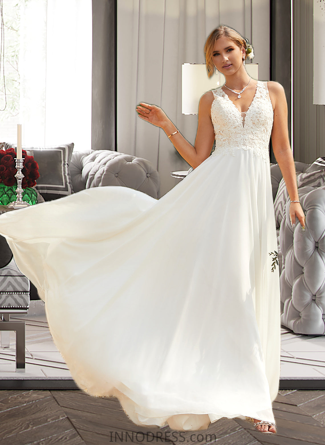 Joanne A-Line V-neck Sweep Train Chiffon Lace Wedding Dress With Lace DPP0013677