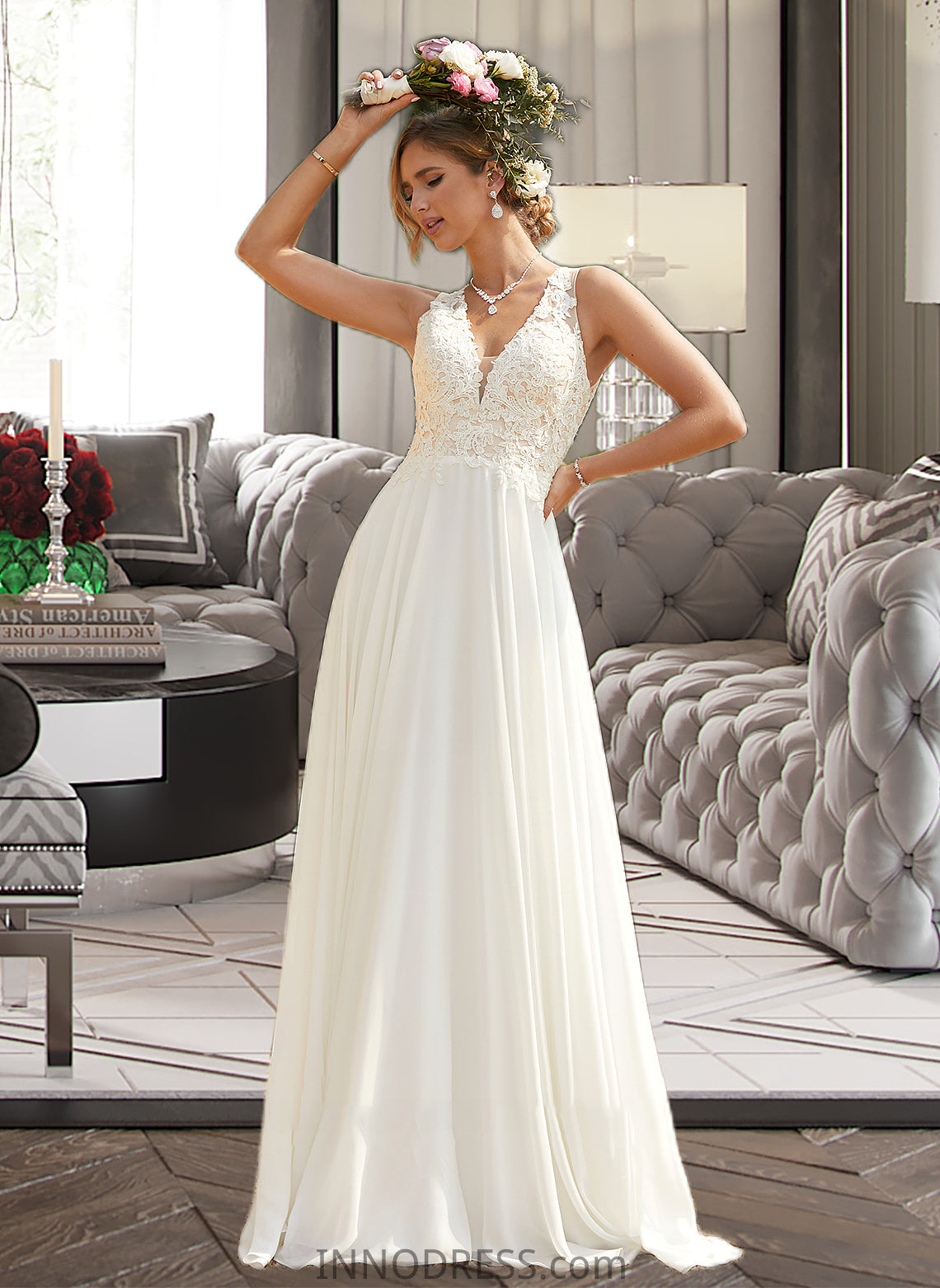 Joanne A-Line V-neck Sweep Train Chiffon Lace Wedding Dress With Lace DPP0013677