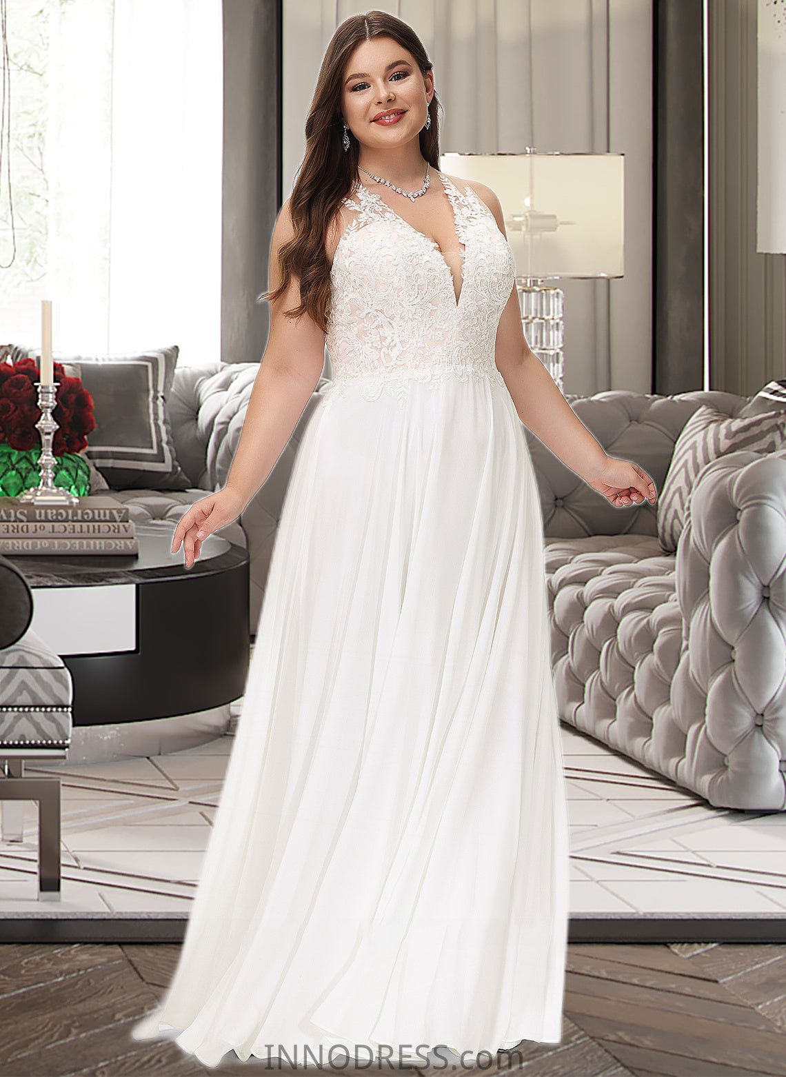 Joanne A-Line V-neck Sweep Train Chiffon Lace Wedding Dress With Lace DPP0013677