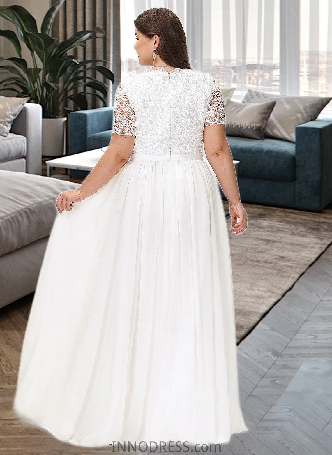 Jazlynn A-Line V-neck Floor-Length Chiffon Lace Wedding Dress DPP0013678