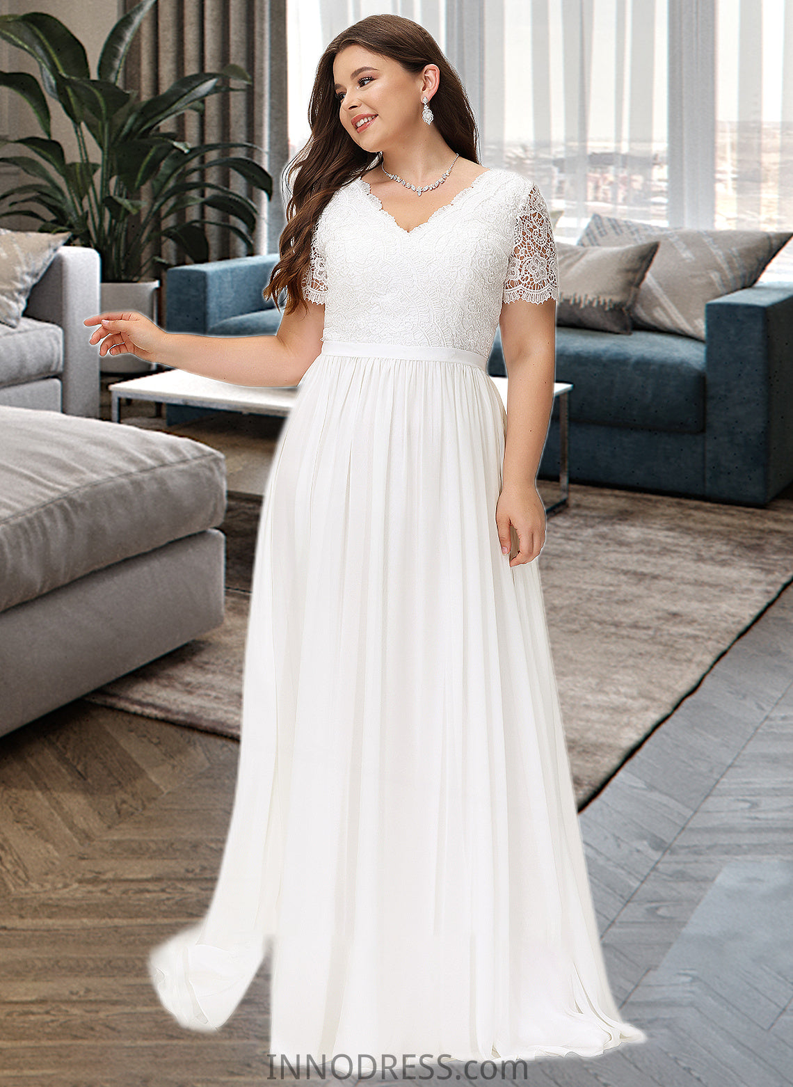 Jazlynn A-Line V-neck Floor-Length Chiffon Lace Wedding Dress DPP0013678