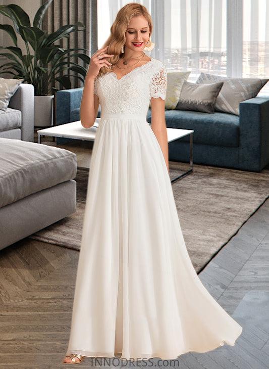 Jazlynn A-Line V-neck Floor-Length Chiffon Lace Wedding Dress DPP0013678