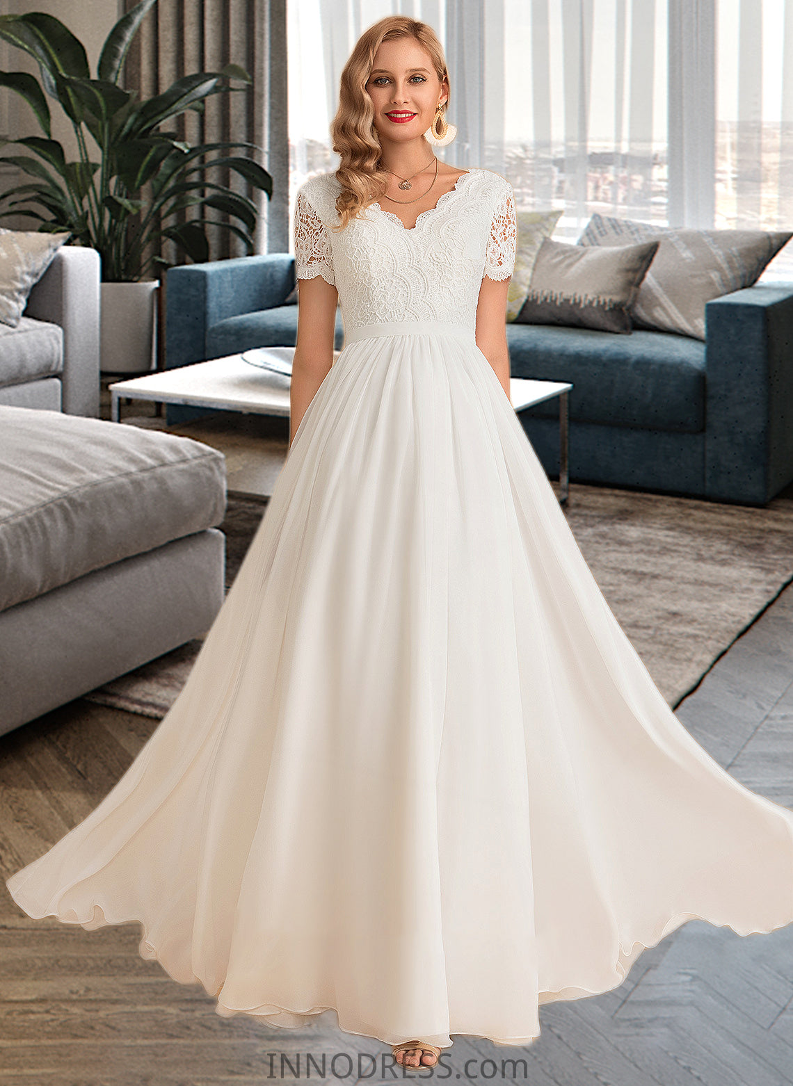 Jazlynn A-Line V-neck Floor-Length Chiffon Lace Wedding Dress DPP0013678